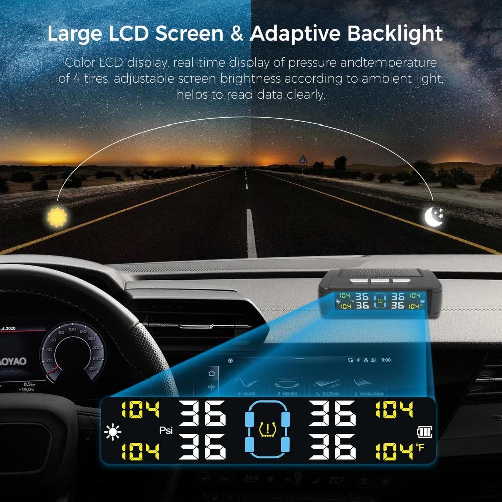 Universal Solar-Powered TPMS with LCD Display - External/Internal Sensors, IPX7 Waterproof, Real-Time Monitoring System