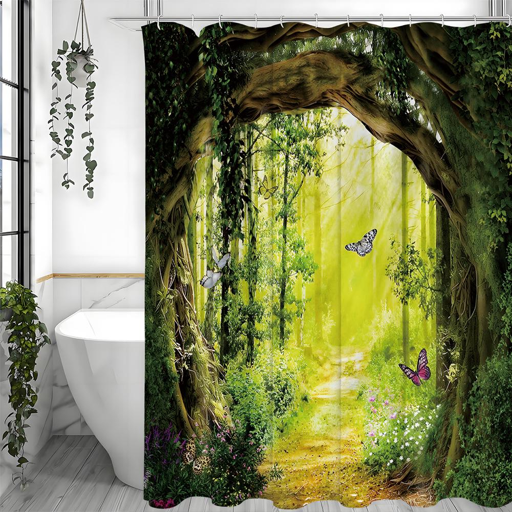 Forest Tree Butterfly Shower Curtain, Bathroom Decorative Shower Curtain, Waterproof Shower Curtain with Hooks