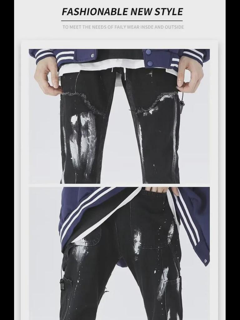 Herren Trendige Europäische & Amerikanische Washed Patchwork Schlagjeans mit Farbklecksen