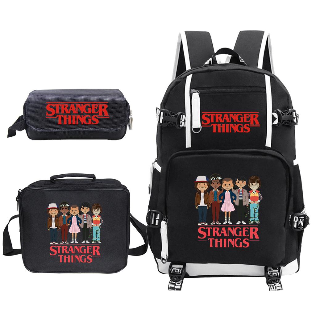 Stranger Things American Drama Peripheral Three-Piece Double Zipper Pencil Bag Student School Bag Lunch Box Bag