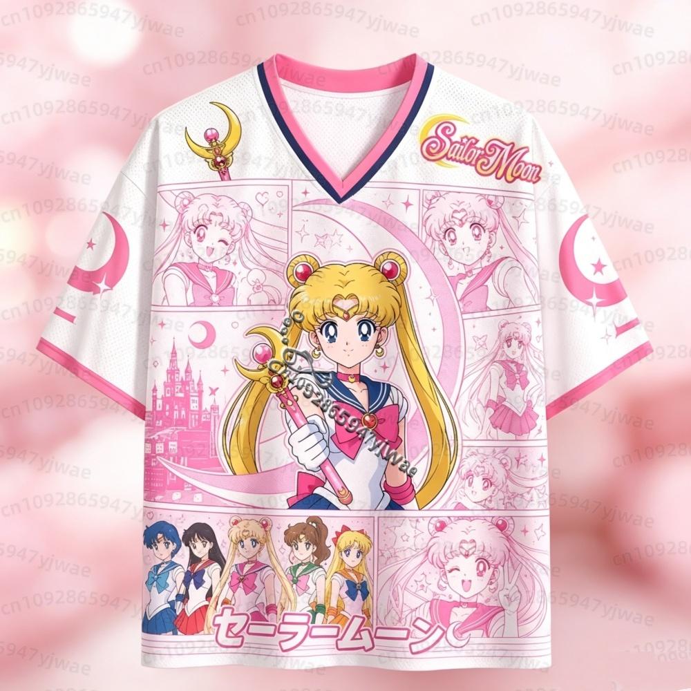 26 Camiseta de Malla Anime Sailor Moon Estampado Tsukino Usagi Cuello en V Manga Corta Camiseta para Mujer Hombre Ropa Urbana Harajuku Camiseta para Hombre
