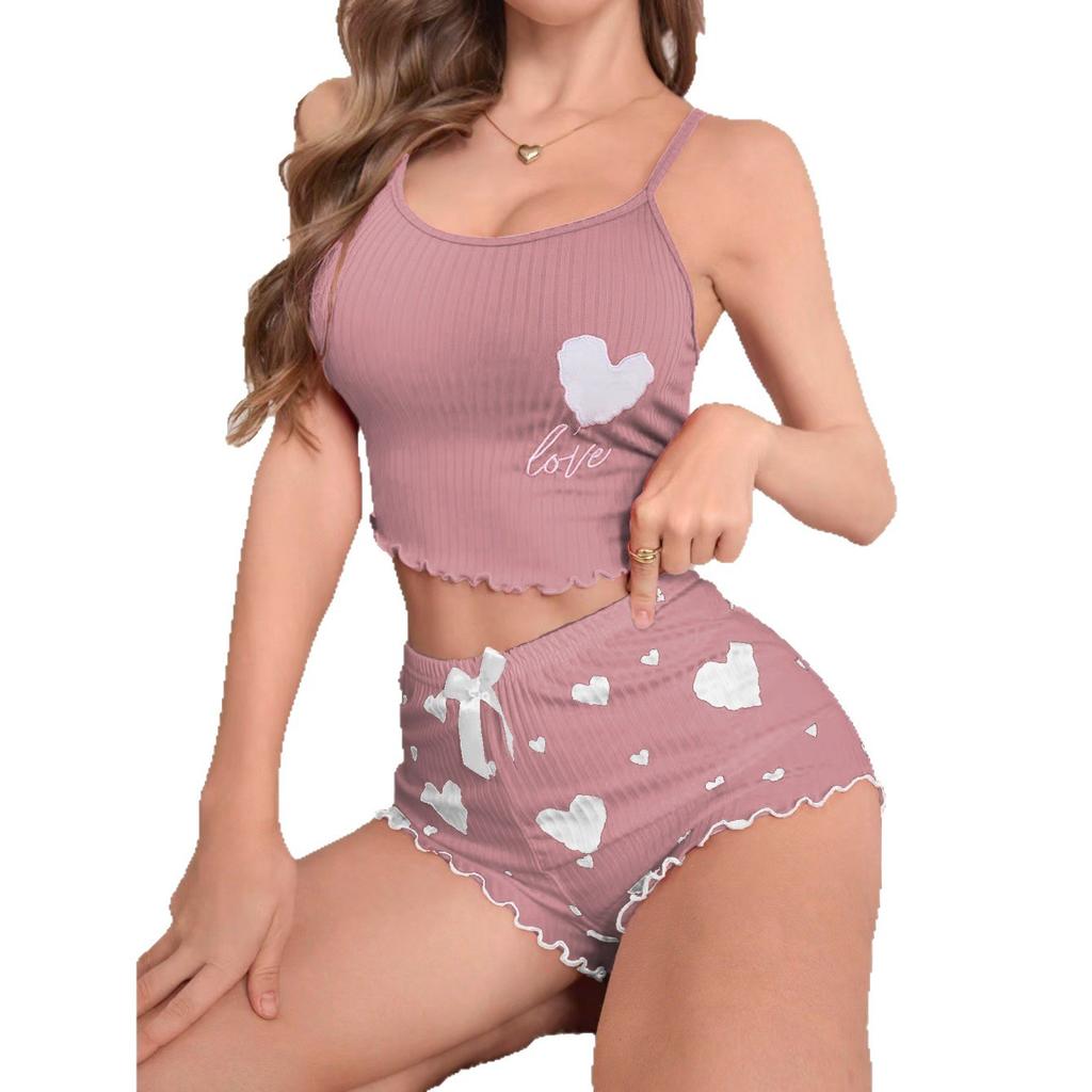 Europe beautiful woman pit strip love print sexy suspender vest shorts loungewear two-piece set