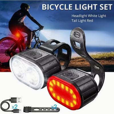 2PCS USB Rechargeable LED Bicycle Front Headlight Rear Tail Safety Light Kits Set