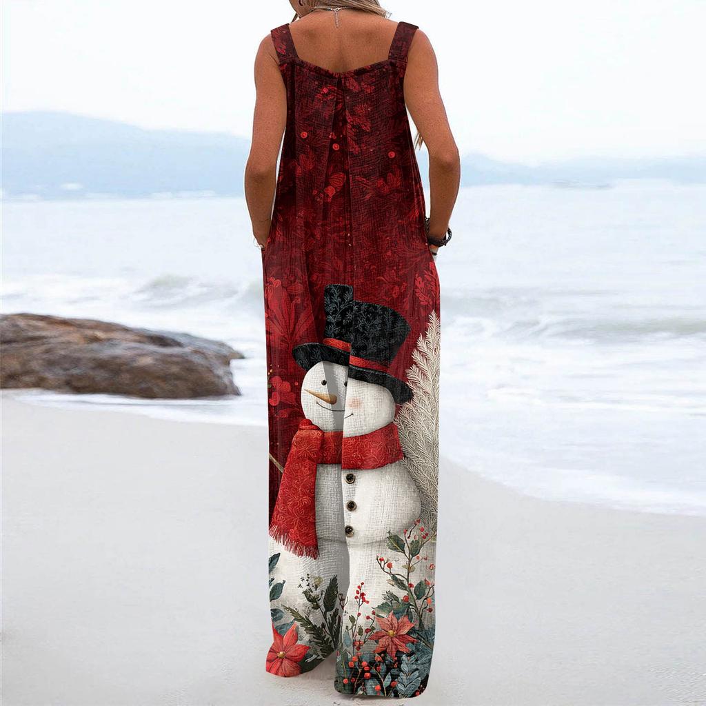 Women's Christmas Print Solid Wide Leg Strapless Tank Pocket Casual Onesie