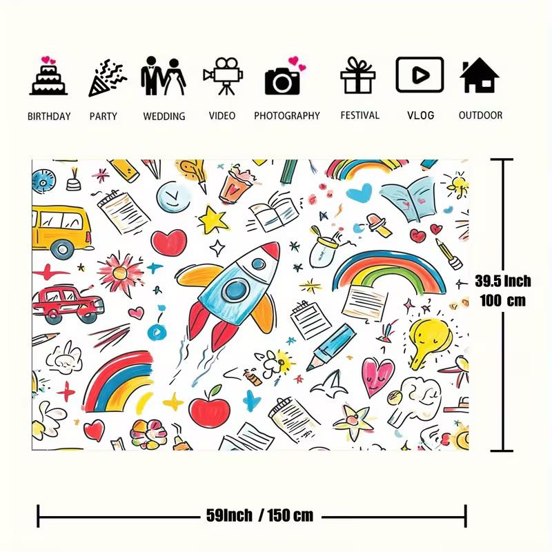 2D Classroom Decoration Backdrop, Hand Drawn Rocket Rainbow & School Items Banner
