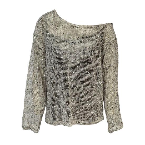Women Tops Sparkling Sequin Detail Round Neck Long Sleeve Loose Fit Pullover Tops Office Vacation Party Wear
