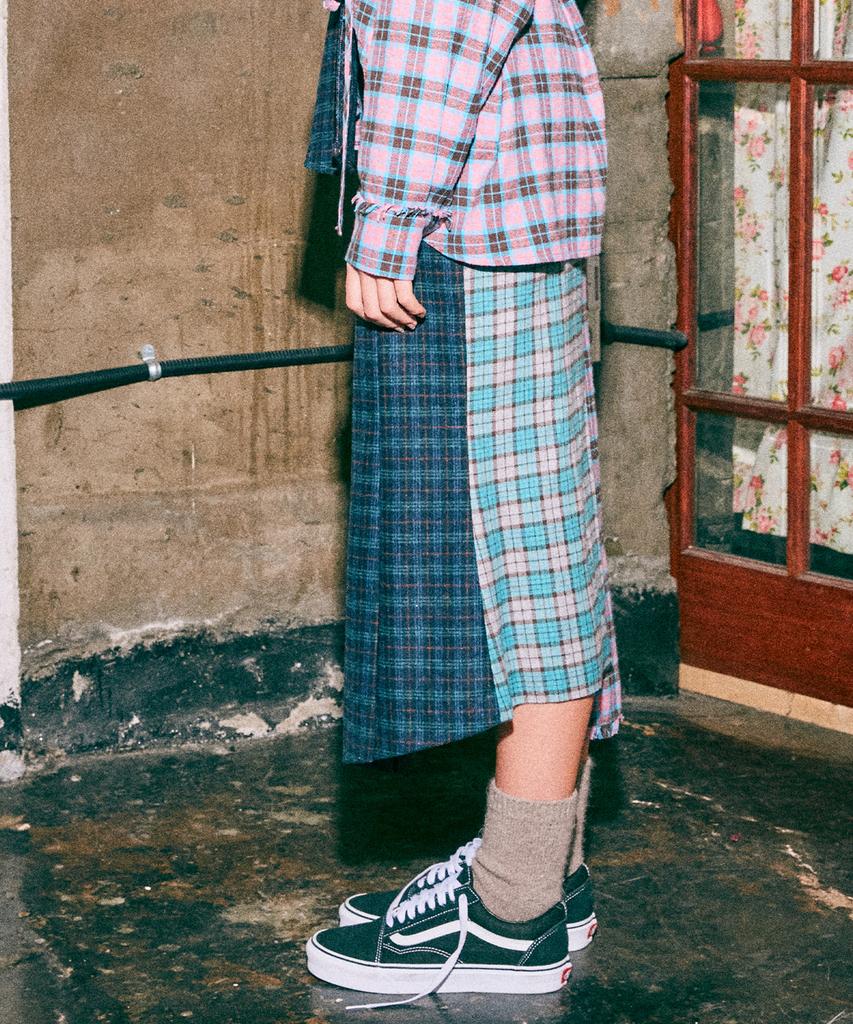 Near And Dear Check Color Block Long Slit Skirt