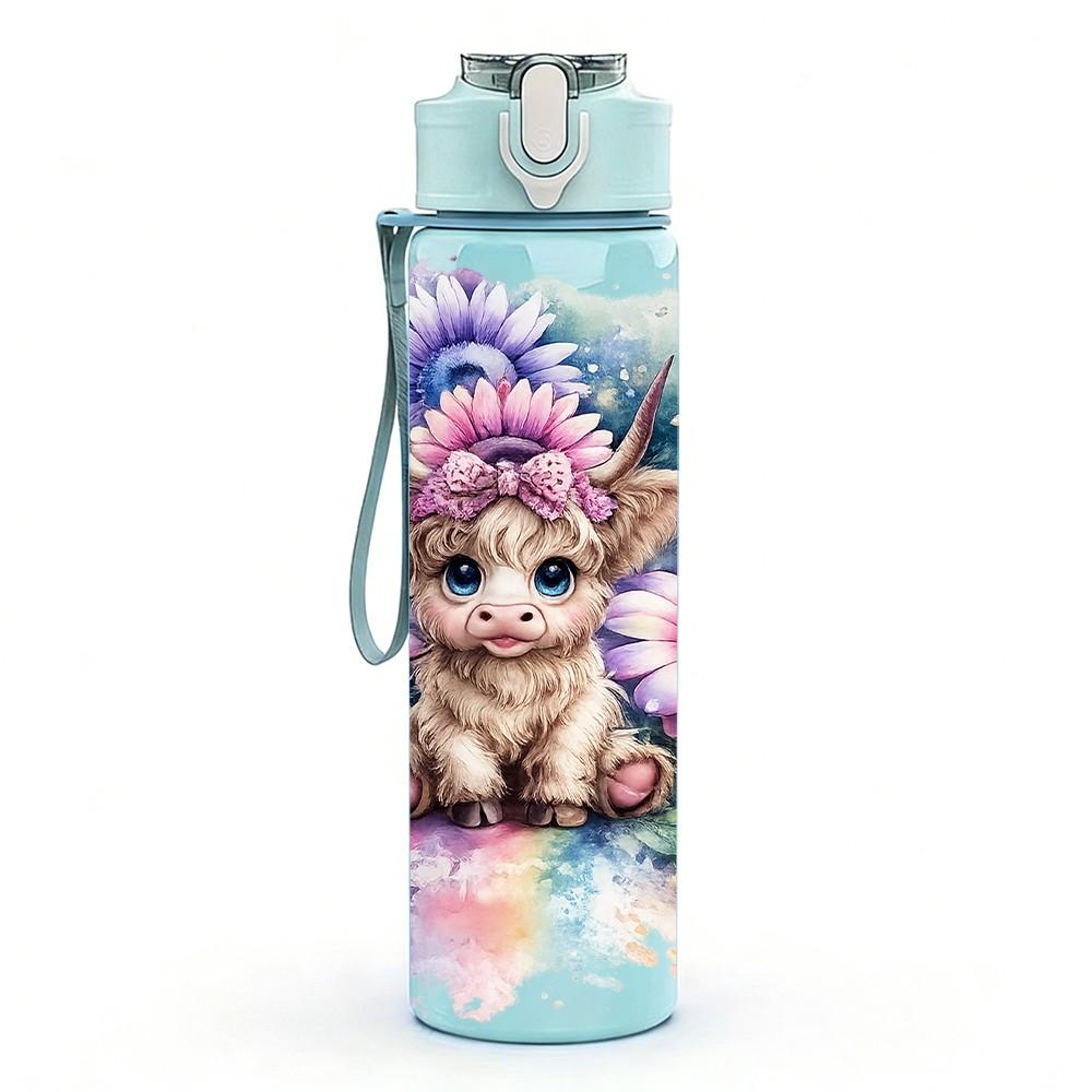 1PC Puppy Dog Mixed Flower Print 750ml Color Plastic Sports Water Bottle Leakproof Flip Straw Lid Suitable for Sports Office Home Use