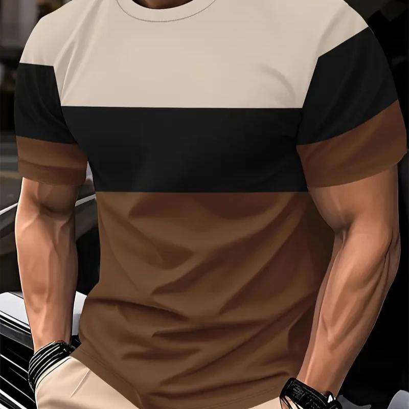 

Летняя классическая мужская футболка с круглым вырезом и коротким рукавом, с полосатым принтом, свободная уличная футболка, мужская одежда больших размеров XL коричневый