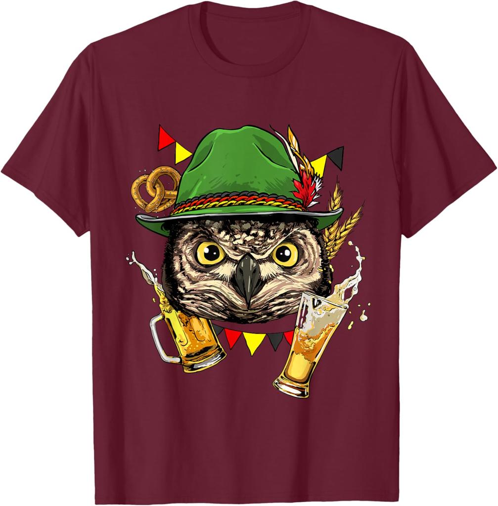 Owl Oktoberfest Beer Mug Bavarian Festival Graphic Tee Casual Cotton Short Sleeve T-Shirt