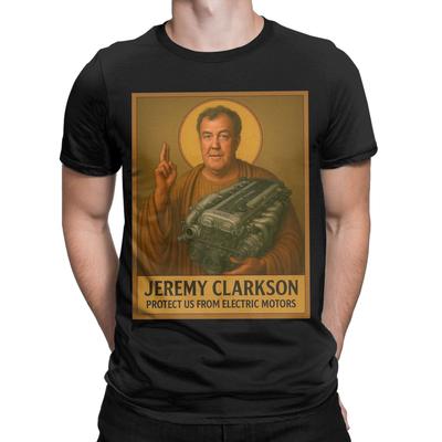 Streetwear Saint Jeremy Clarkson Protect Us from Electric Motors T-Shirt Men Short Sleeve Clothes 100%Cotton Summer Clothes