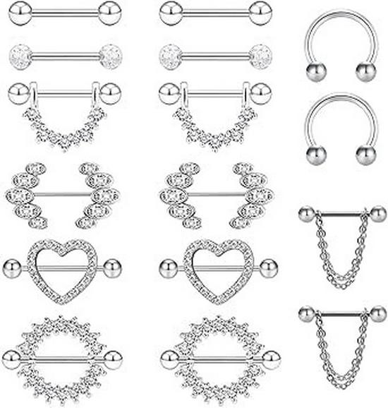 Stainless Steel Zircon Nipple and Tongue Ring Set - 9 Pairs