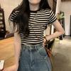 Summer Korean Short Sleeve T-shirts for Women Clothing Vintage Stripe Casual Slim T Shirt Harajuku Students Y2k Tops Streetwear