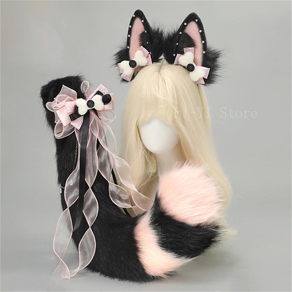 4Pcs/Set Kitsune Fox Ears & Tail & Paw Gloves Plush Anime Cosplay Prop For Lolita Furry Convention Halloween Costume Accessories