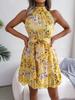 Rochie Imprimată Plisată cu Gât Rotund, Rochie cu Volan la Genunchi, Fără Mâneci, Rochii Largi, Rochie Casual pentru Femei