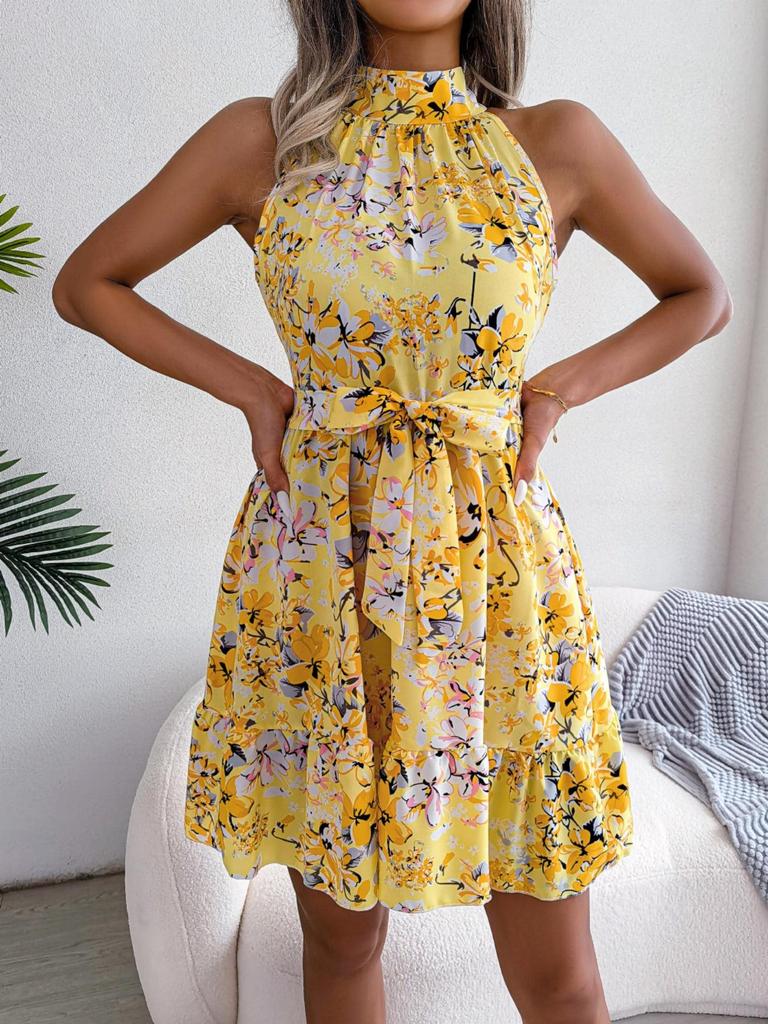 Rochie Imprimată Plisată cu Gât Rotund, Rochie cu Volan la Genunchi, Fără Mâneci, Rochii Largi, Rochie Casual pentru Femei