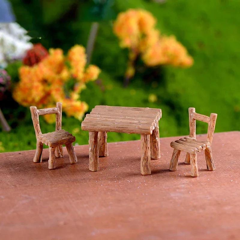 3pcs/set New Cute Table Chair Miniature Park Seat Mini Long Wood Bench Resin Craft Ornament Micro Figurine Decors for Kids Toys