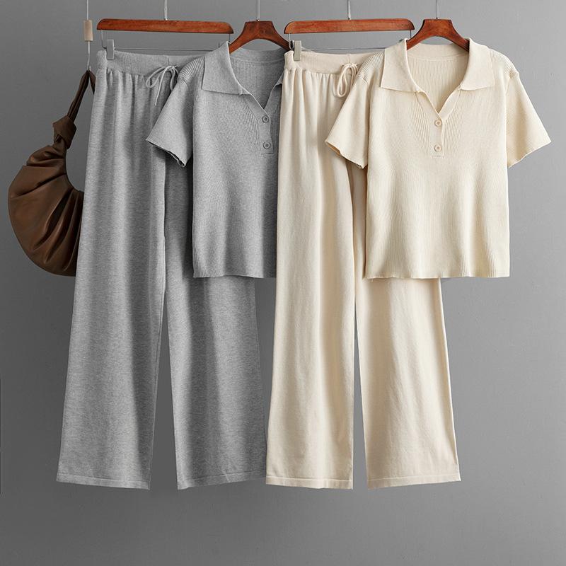 Polo Neck Ice Silk Knitted Fashion Set Women's Summer Temperament Button T-shirt Casual Pants Two-piece Set