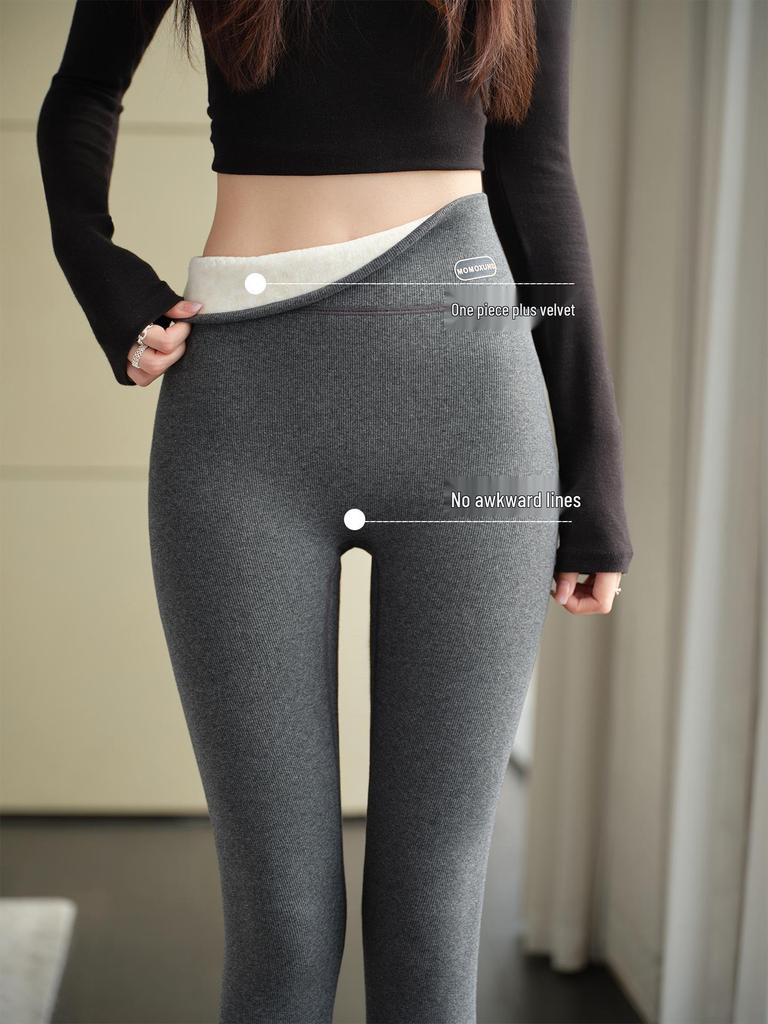 High Waist Warm Fleece-Lined Leggings - Vertical Stripe, Matte, Slimming Cotton for Autumn/Winter