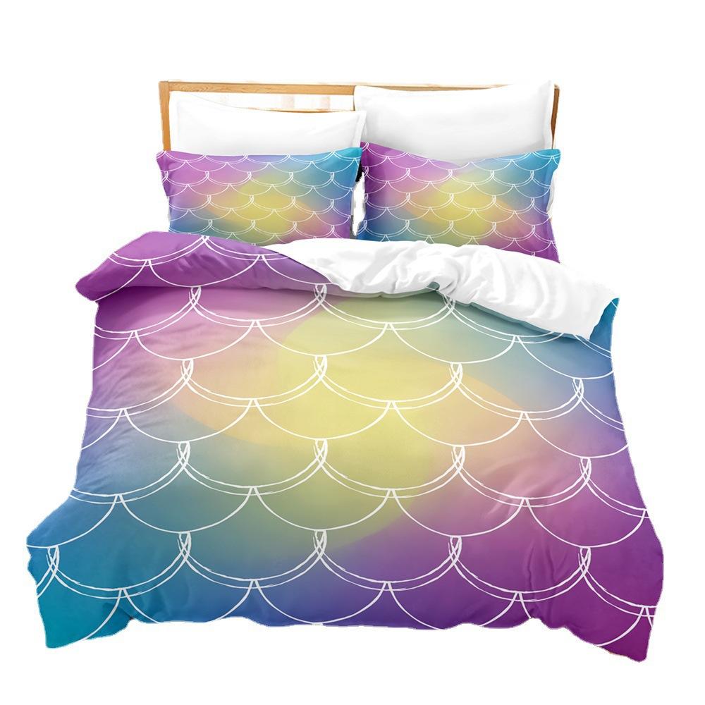 Laser Gradual Change Fish Scale 3D Digital Printing Three-Piece Set, Quilt Cover Pillowcase