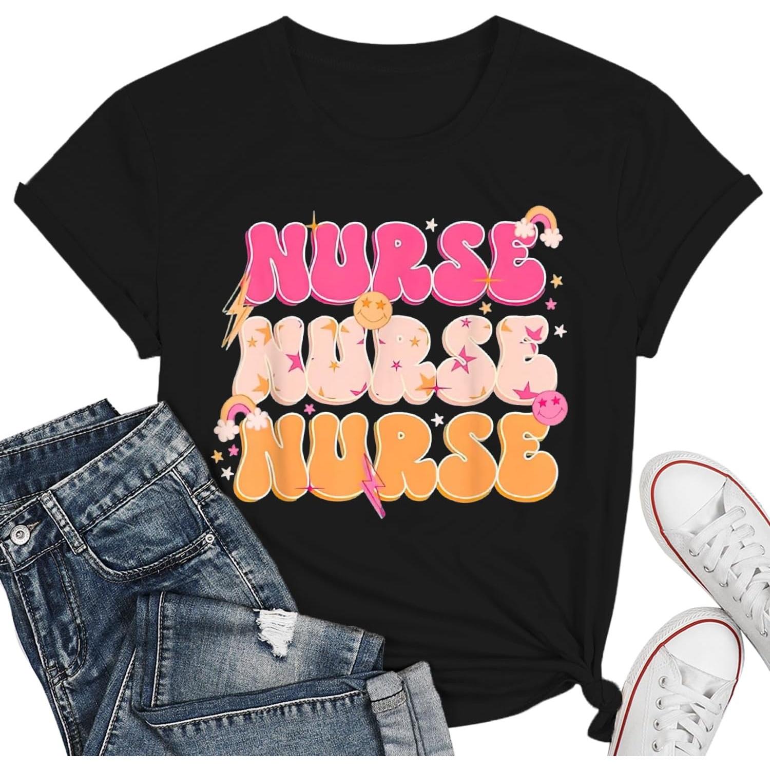 

Nurse Shirt Women Nursing School Tshirt Cute Inspiration Flower Gift Tee Tops S чёрный
