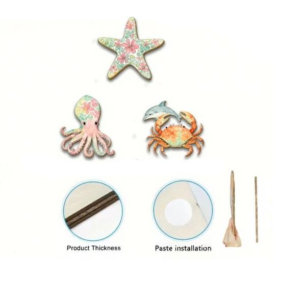 3 Pezzi Decorazioni da Parete in Legno per Spiaggia, Stella Marina Polpo Granchio Balena Nautica Costiera Vintage Wall Art, Ornamenti Vita Marina Oceano per Bagno, Soggiorno,