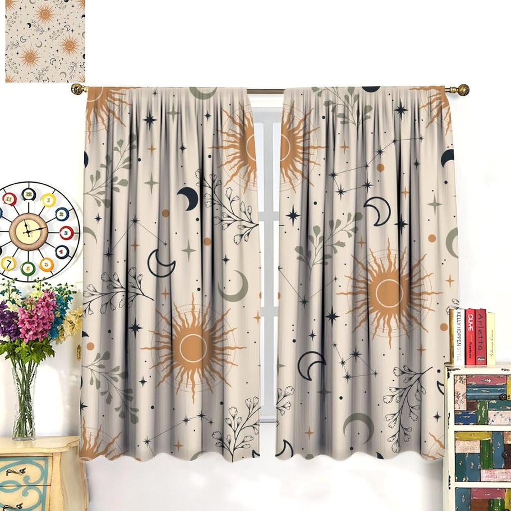 Boho Moon Decor Curtains,Magic Moons and Stars Boho Pattern for Home Kitchen Restaurant Decoration Window Curtain 2Panel