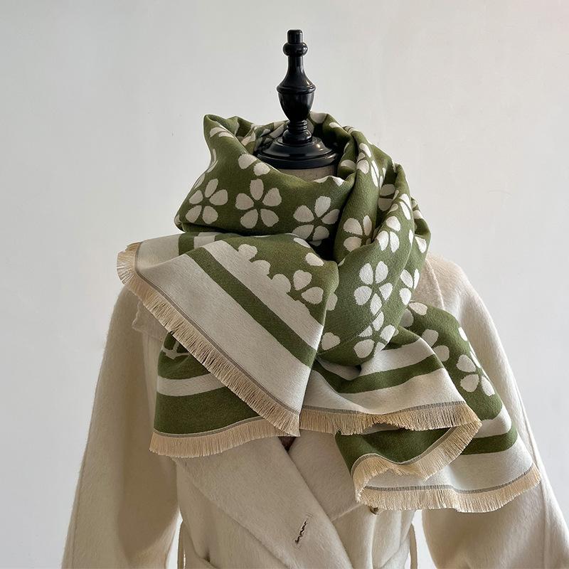 Scarf Women'S Korean Version Flower Thickened Warm Scarf Long Fashion Versatile Dual-Use Student Shawl