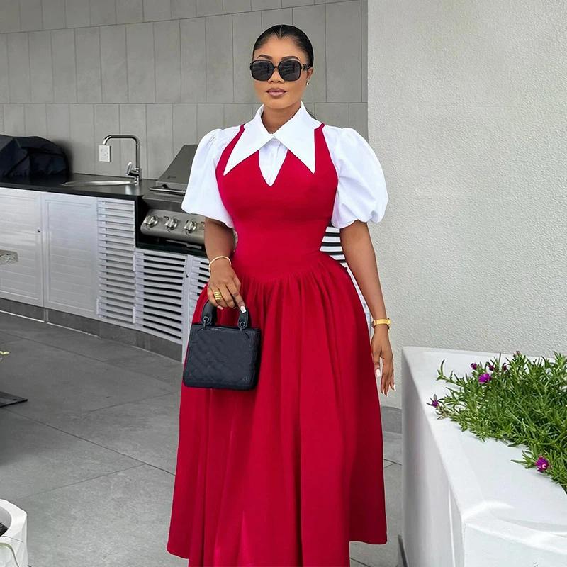 Short Puff Sleeve Sweet Slim Long Women Shirt Dress High Waist Ruched Pleated Beach Streetwear Big Swing Dresses
