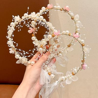 Fairy Girl Headband Bright Color Imitation Pearls Flower Decor Princess Hair Hoop Party Crown Hair Accessory