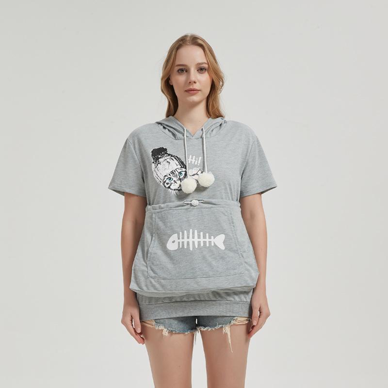 

Women s Summer Short-sleeved Large Pocket Cartoon Printed Casual Drawstring Hooded T-shirt S светло-серый