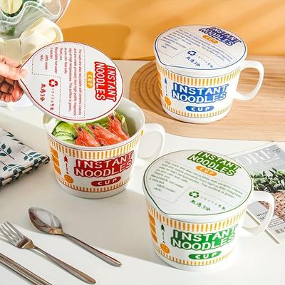 Large Capacity Instant Noodle Bowl with Lid Colorful Ceramic Ramen,Cereal Cup with Handle, Microwave Safe, Perfect for Dorms and Home Use