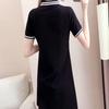Summer Embroidered Short Sleeve Polo Collar Dress - Women's Loose Plus Size A-line Mid Skirt, College Style Color Block Design