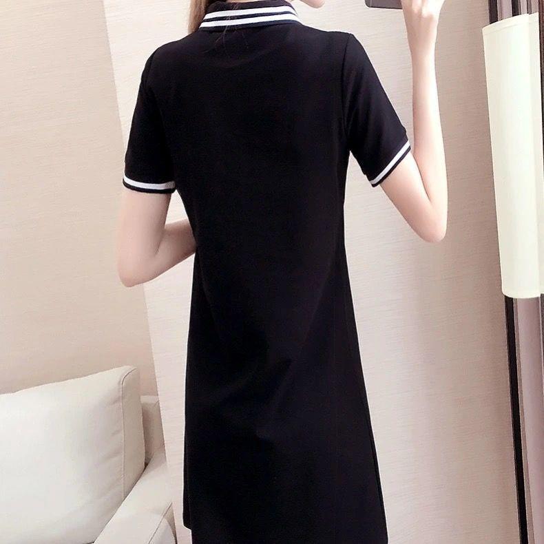 Summer Embroidered Short Sleeve Polo Collar Dress - Women's Loose Plus Size A-line Mid Skirt, College Style Color Block Design