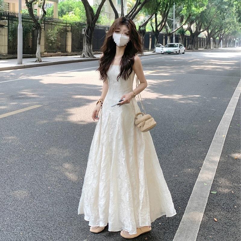 New Chinese Beige Suspender Dress Women's Summer New Small Seaside Vacation Ruffle Leaf Edge Dress