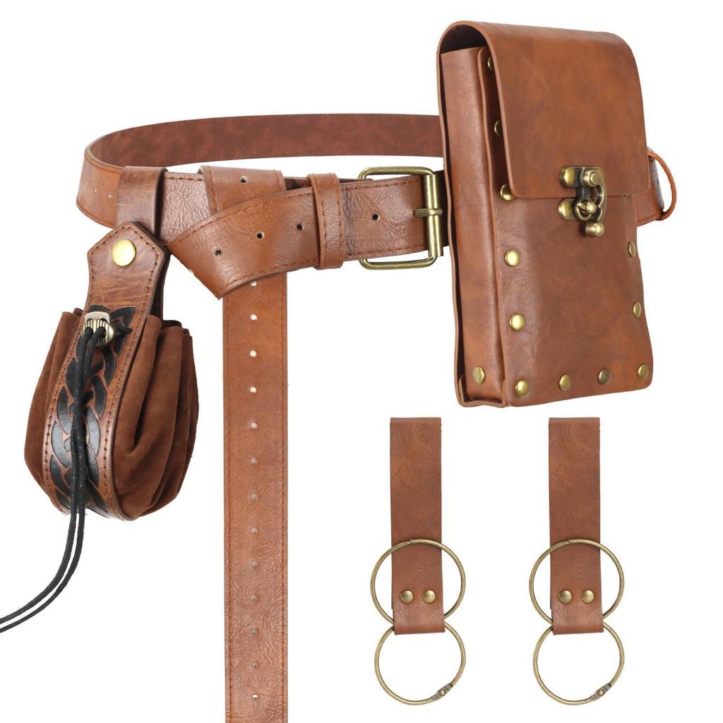 Medieval Leather Waistband Belt with Cord and Pouch