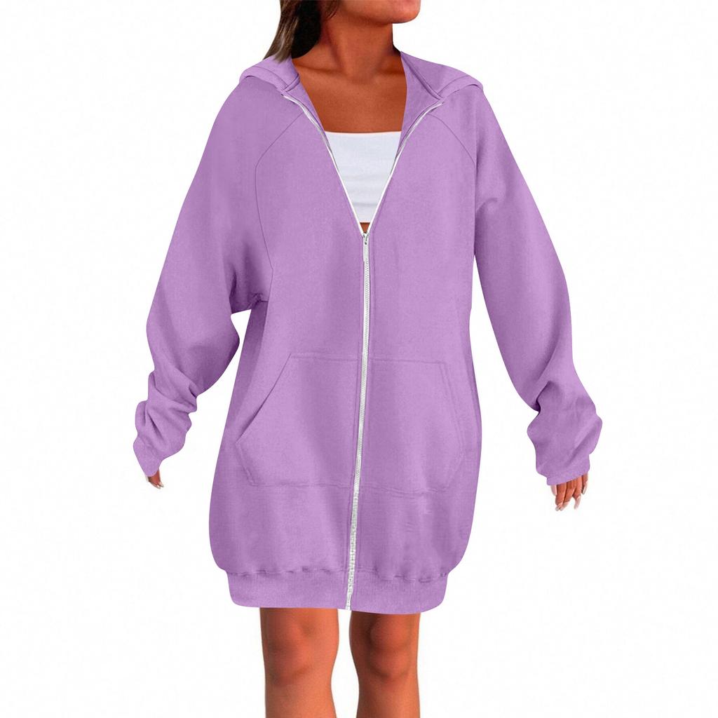 Women's Solid Color Zippered Sweatshirt Top Daily Casual Raglan Long Jacket (Without Hood Drawstring)