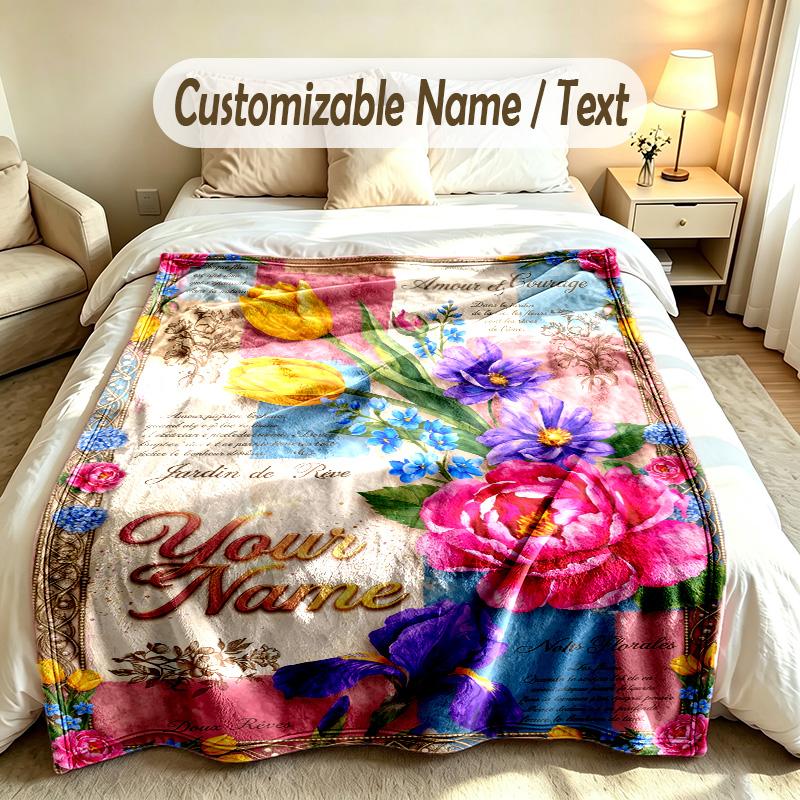 Floral Garden Theme Soft Blanket Personalized Custom Name Text Print Warm Blanket Home Sofa Bedroom Decor