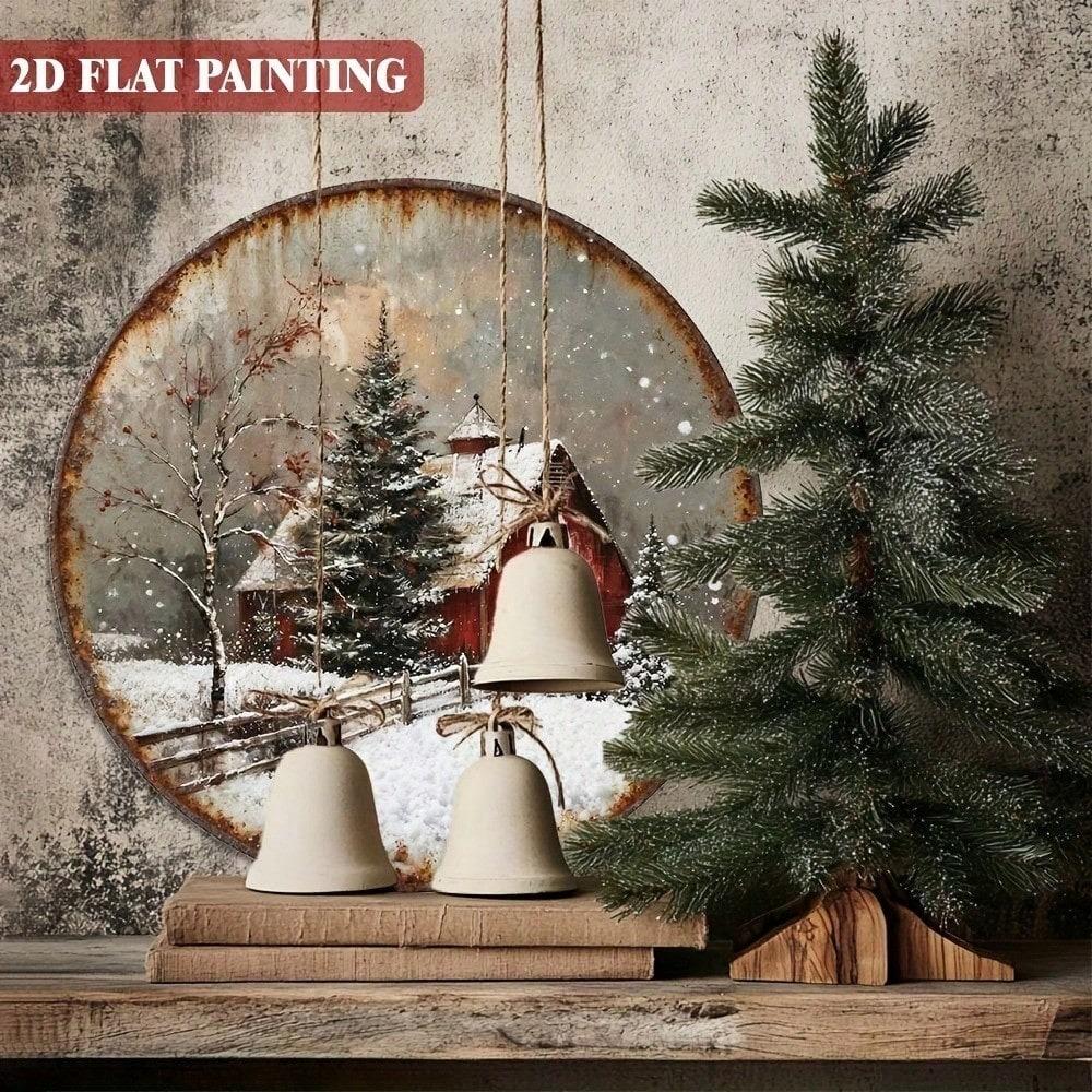 Vintage Red Barn Winter Landscape Metal Round Wall Sign, Rustic Snowy Farmhouse Christmas Art, 8 Inch Aluminum Hanging Decor