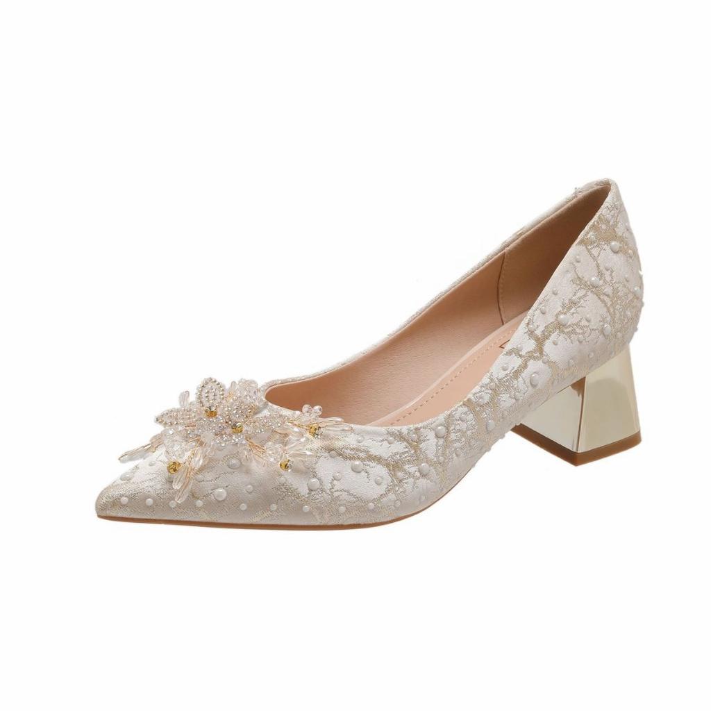 Rhinestone Butterfly Large Size Wedding Shoes Temperament Shallow Mouth High Heels Women Thick Heels Not Tired Feet Single Shoes Women
