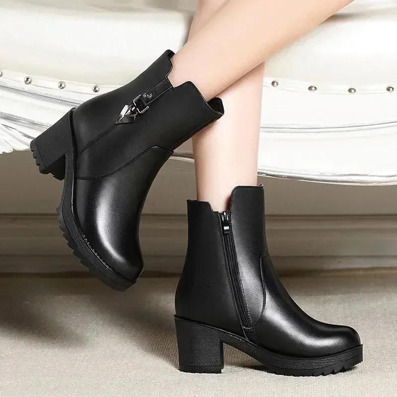 2025New Winter Women's Boots Luxury Casual Leather Boot High Heel Ankle Boots for Women Plush Warm Snow Boot Botas Mujer