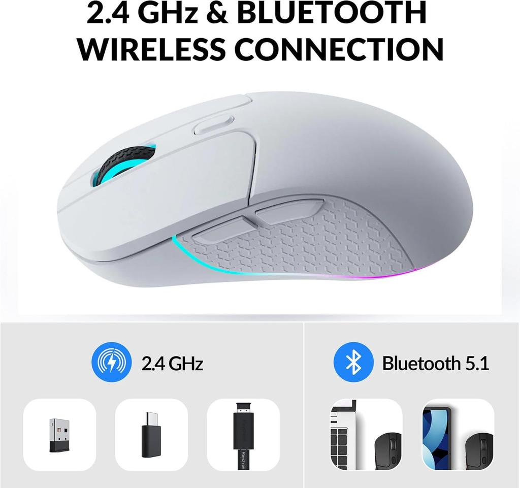 Keychron M3 Wireless PAW3395 Programmable Macro 79g Ergonomic Design Mouse, Sensor, Buttons, 26,000 DPI, 2.4 GHz/Bluetooth 5.1, Lightweight, (White)