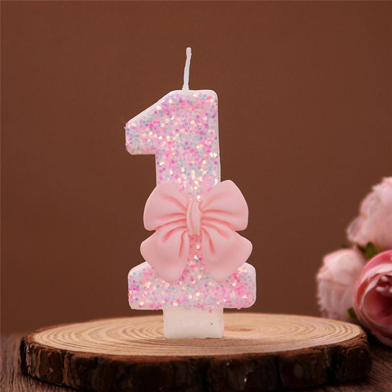 M-Modern-Number Cake Decorating Candles Cute Pink Bow Baby Girl Birthday Cake Topper Decoration Party Supplies 0-9 Digital Candl