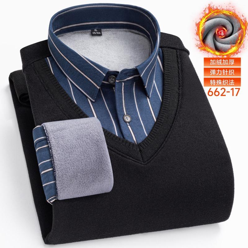 Fleece Fake Two-piece Men's Shirt Collar Middle-aged Elderly Casual Loose Bottoming Thickened Pullover Sweater