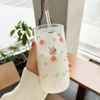 Kawaii květinový skleněný šálek s víčkem sláma Roztomilý pomerančový hrnek na kávu mléko nápoje korejská voda džus Čajový šálek Nádobí dárek 600 ml