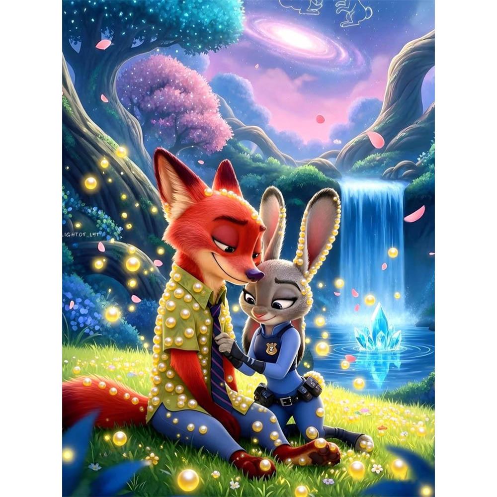 

Disney Zoo Tycoon Starry Waterfall Decor with Judy and Nick the Fox Pearl Accents 5D Pearl Puzzle Embroidery Home Decor Handmade Gift 35x45cm