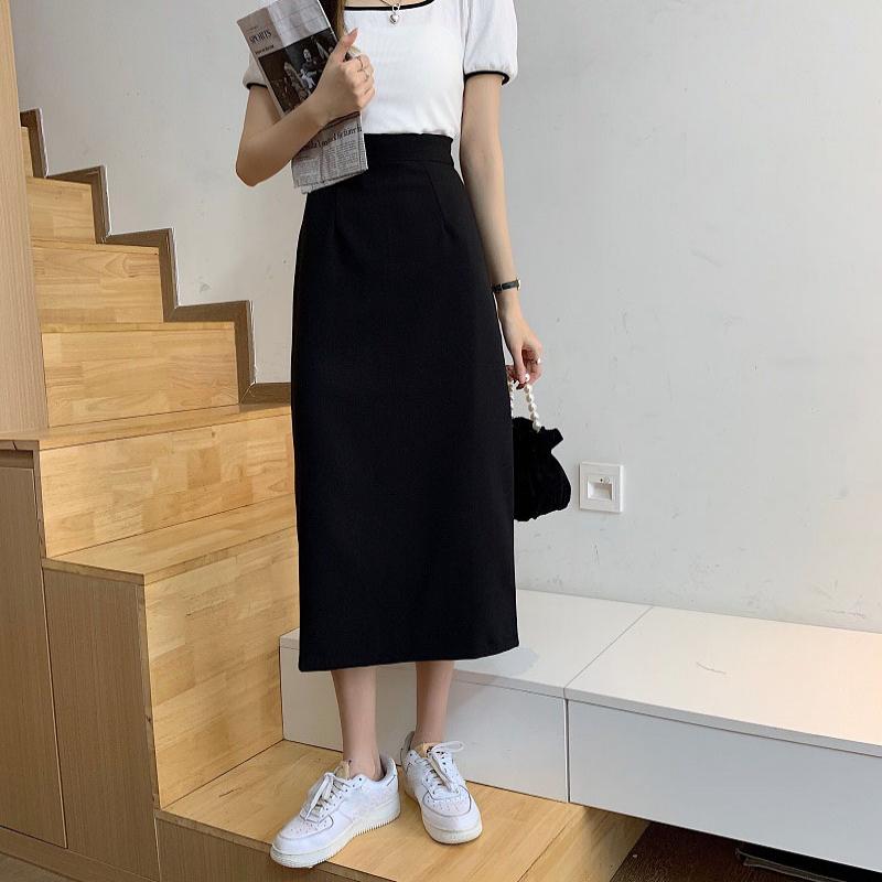 Saia Feminina Preta Cintura Alta Fenda Lateral Comprimento Midi Saia Feminina Elástica Slim Linha A Retrô Elegante Versátil Simples Moda