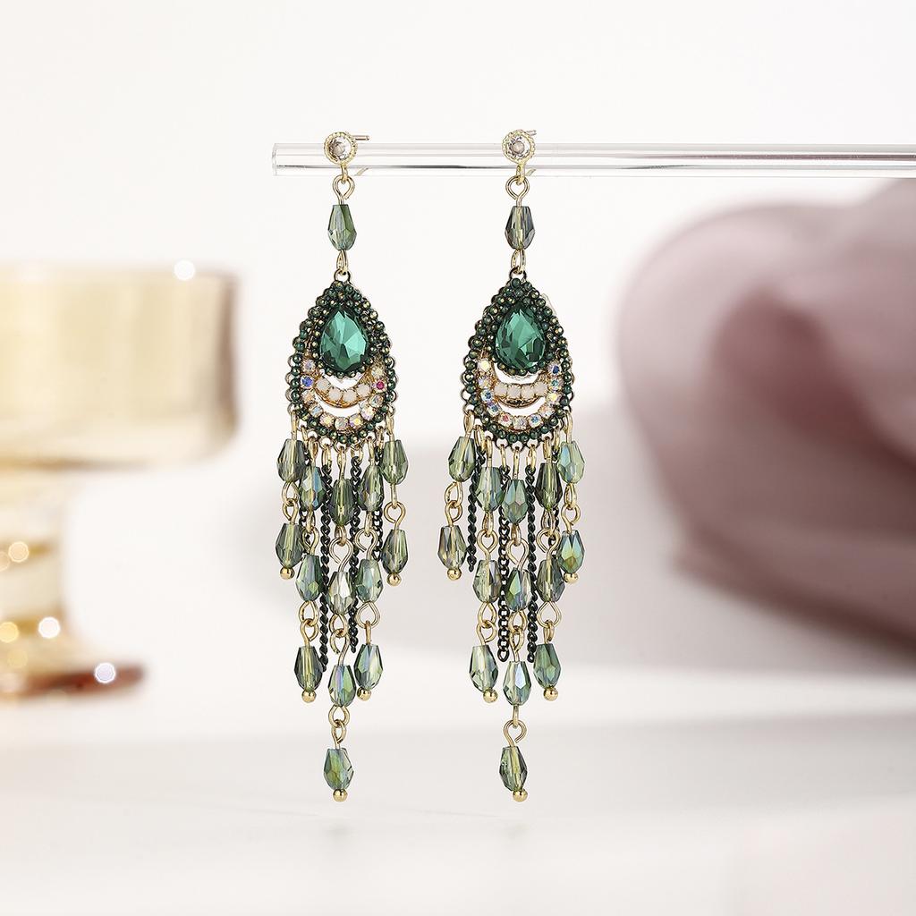 Silver Needle with Diamonds, Water Drop Glass Fringed Earrings, Light Luxury, High-end Studs, Ethnic Style, Fashionable and Versatile Earrings