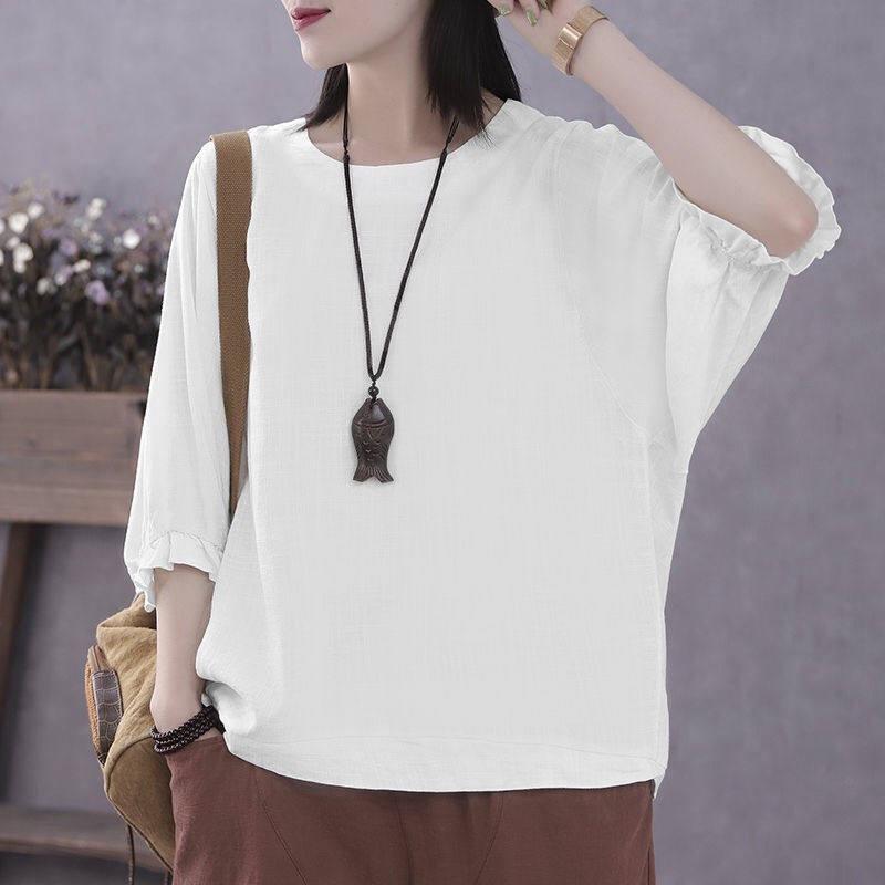 Pullovers Tops Women Solid Color Blouse Oversized Loose Cropped Sleeve Shirt Slim Pullover Tops