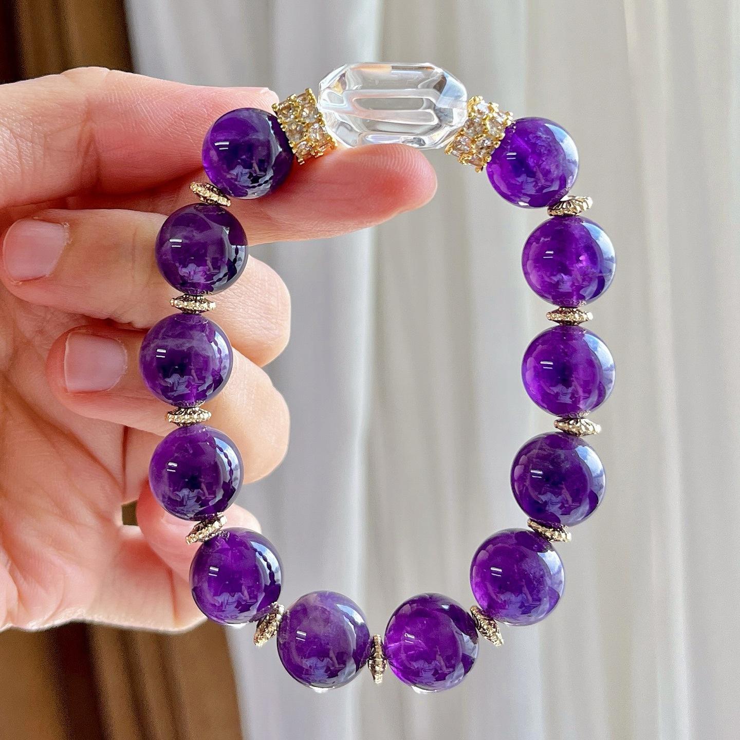 12Mm Large Granular Natural Royal Grape Purple Amethyst White Crystal Design Bracelet Bracelet